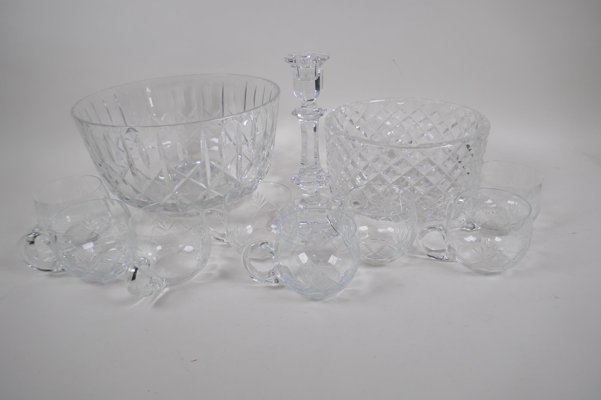 A French Baccarat glass candlestick, 20cm high, a cylindrical crystal bowl, a crystal punch bowl and - Image 2 of 3