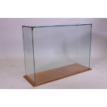 A glass display case with metal mounts and wood base, 74cm x 25cm x 56cm