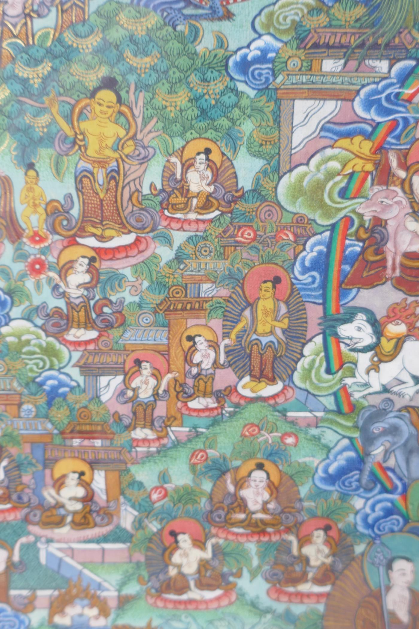 An eastern hand painted thanka with gilt highlights detailing many figures, 35cm x 49cm - Image 6 of 7