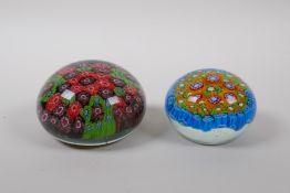 A Millefiori glass paperweight and another smaller, largest 10cm diameter