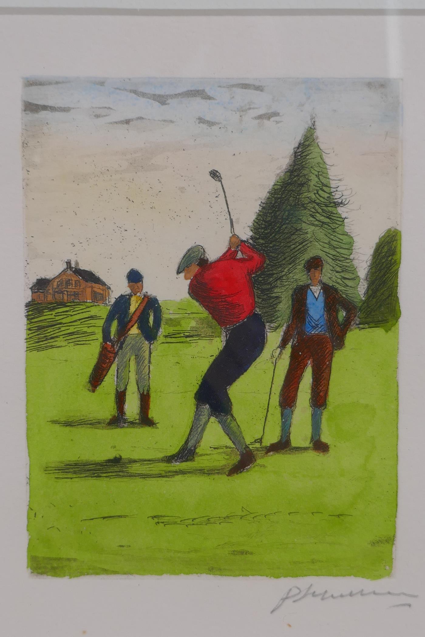 A pair of hand coloured engravings of golfers, indistinctly signed in pencil, 8cm x 11cm - Image 5 of 5