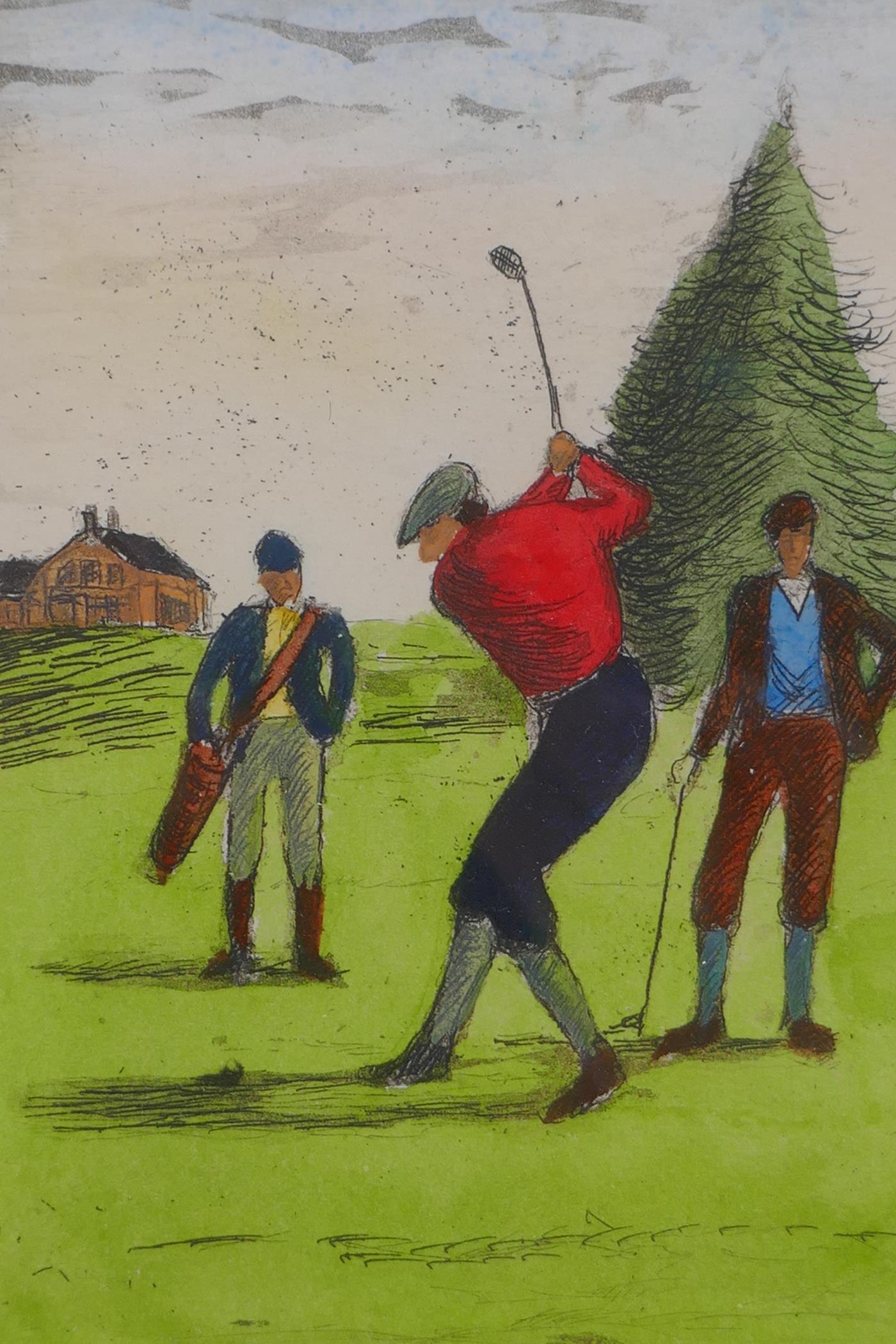 A pair of hand coloured engravings of golfers, indistinctly signed in pencil, 8cm x 11cm - Image 4 of 5