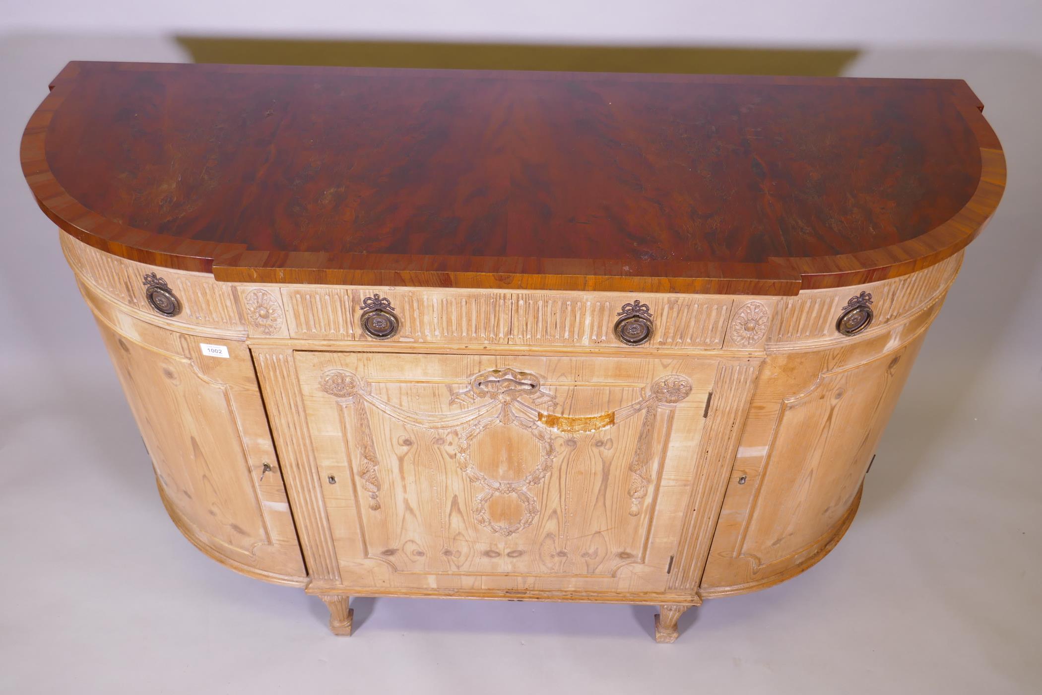 A 'D' shaped breakfront pine commode with crossbanded yew wood veneered top, the fluted frieze - Image 2 of 7