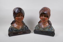 A French painted plaster bust of a girl, and another similar, 32cm high