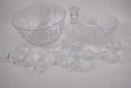 A French Baccarat glass candlestick, 20cm high, a cylindrical crystal bowl, a crystal punch bowl and