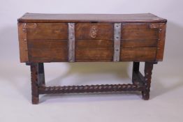 A vintage metal strapped chest on stand, 102cm x 36cm, 62cm high
