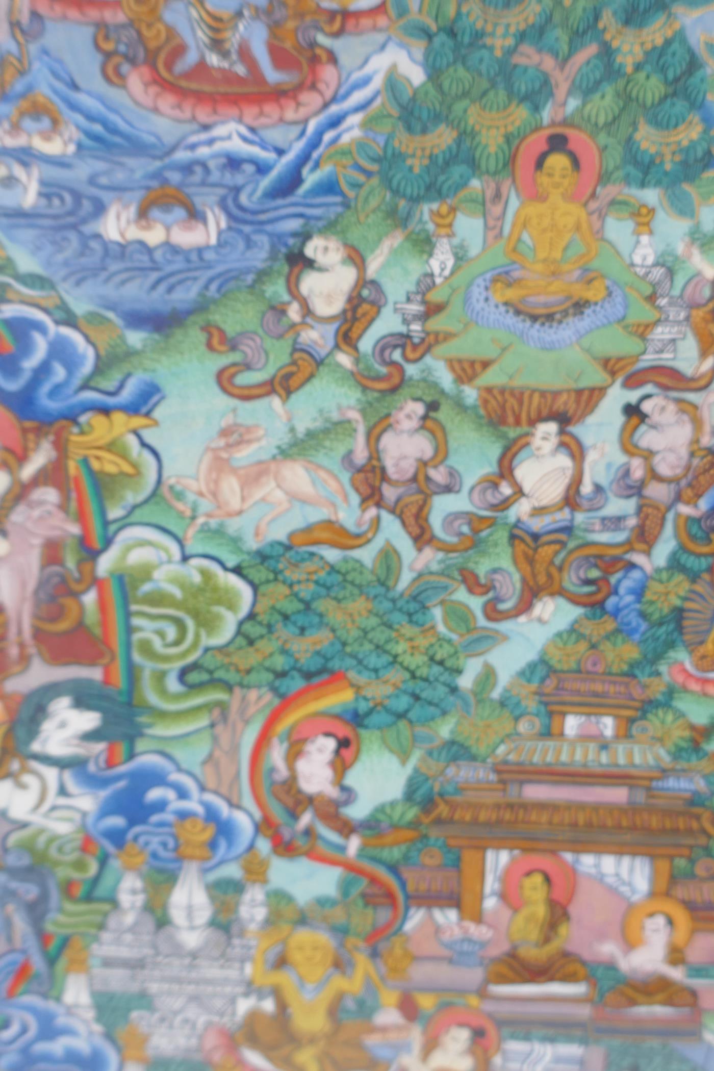 An eastern hand painted thanka with gilt highlights detailing many figures, 35cm x 49cm - Image 5 of 7