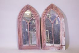 A pair of hardwood Gothic arch wall mirrors, 50cm x 100cm