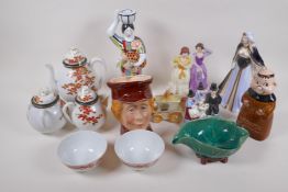 A quantity of pottery and porcelain including figurines, Japanese tea set, Royal Worcester etc