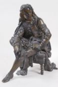 A bronze figure of a seated man in C17th dress, signed Boret?, 24cm high