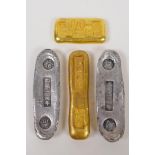 Two Chinese gilt metal trade tokens/ingots, and a pair of similar white metal ingots, longest 10cm