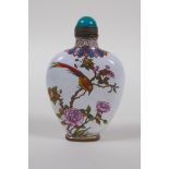 A Chinese canton enamelled copper snuff bottle decorated with asiatic birds and flowers, 4 character