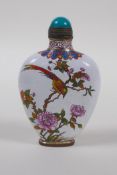 A Chinese canton enamelled copper snuff bottle decorated with asiatic birds and flowers, 4 character