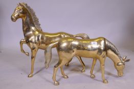 A polished brass figure of a horse and another, 58cm high