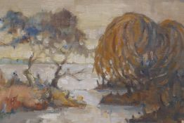 A mid century oil on board, Japanese River, monogramed MD, 26cm x 21cm