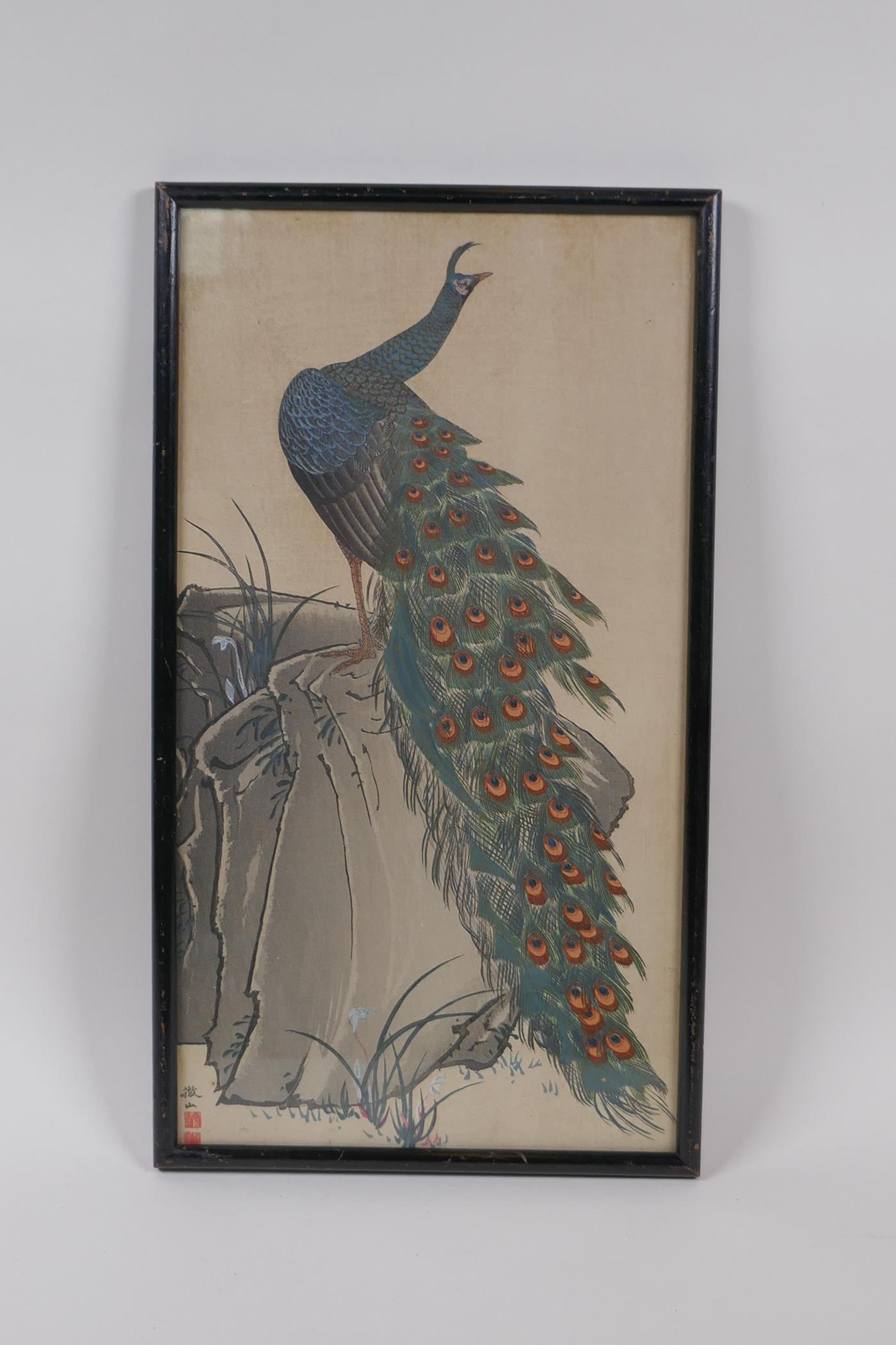 A Japanese Meiji period woodblock print of a peacock, with gilt details signed, 18cm x 34cm