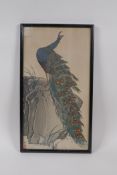 A Japanese Meiji period woodblock print of a peacock, with gilt details signed, 18cm x 34cm
