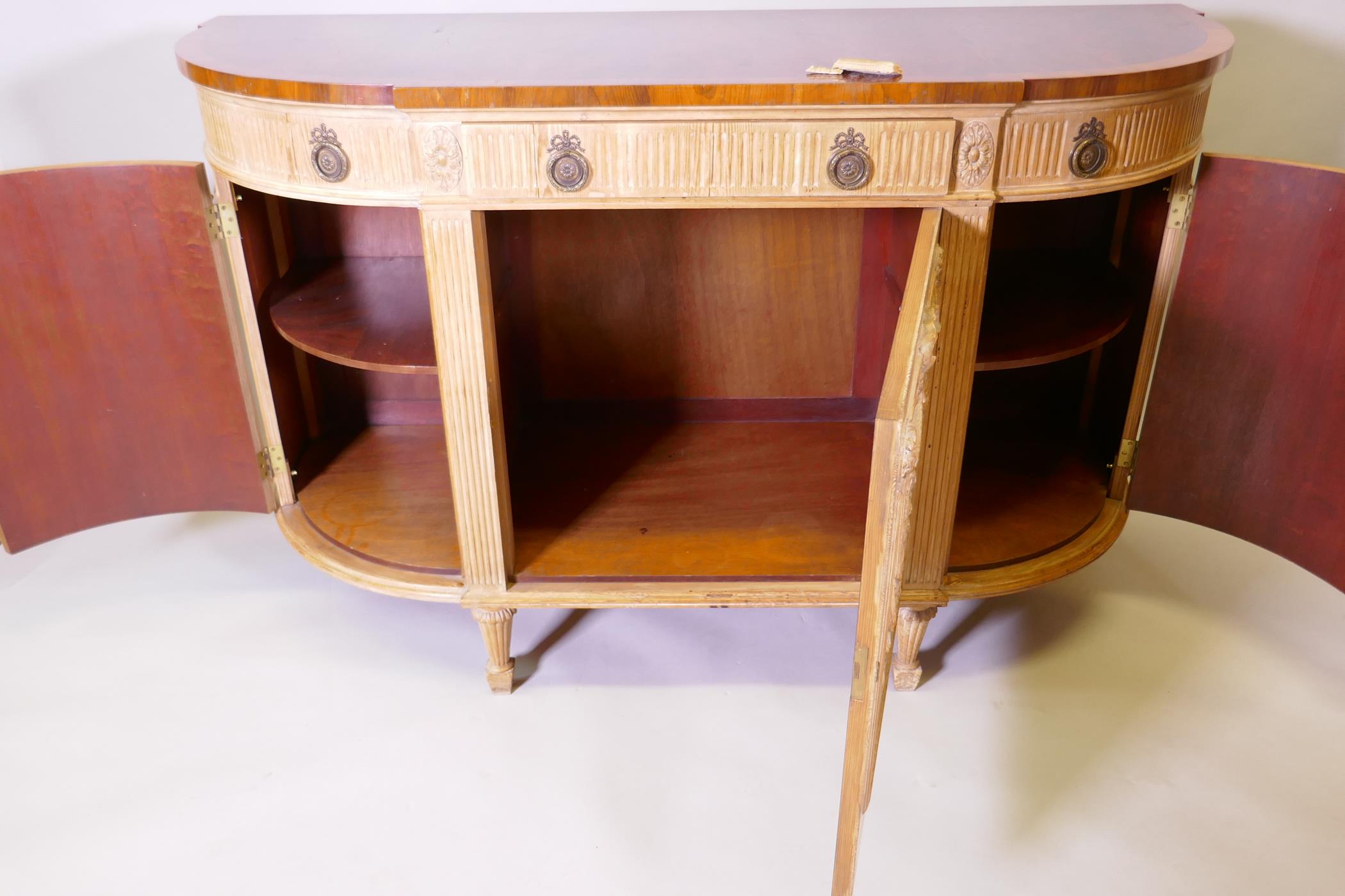 A 'D' shaped breakfront pine commode with crossbanded yew wood veneered top, the fluted frieze - Image 6 of 7