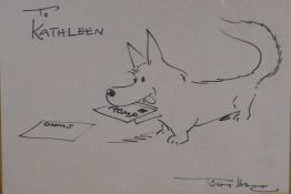 Tony Hart, cartoon of a dog, dedicated to Kathleen, pen on paper, signed, 40cm x 29cm