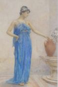 K Stergill?, classical female figure in a blue dress, 20cm x 32cm