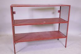 A painted metal industrial open shelf, 124cm x 46cm x 102cm