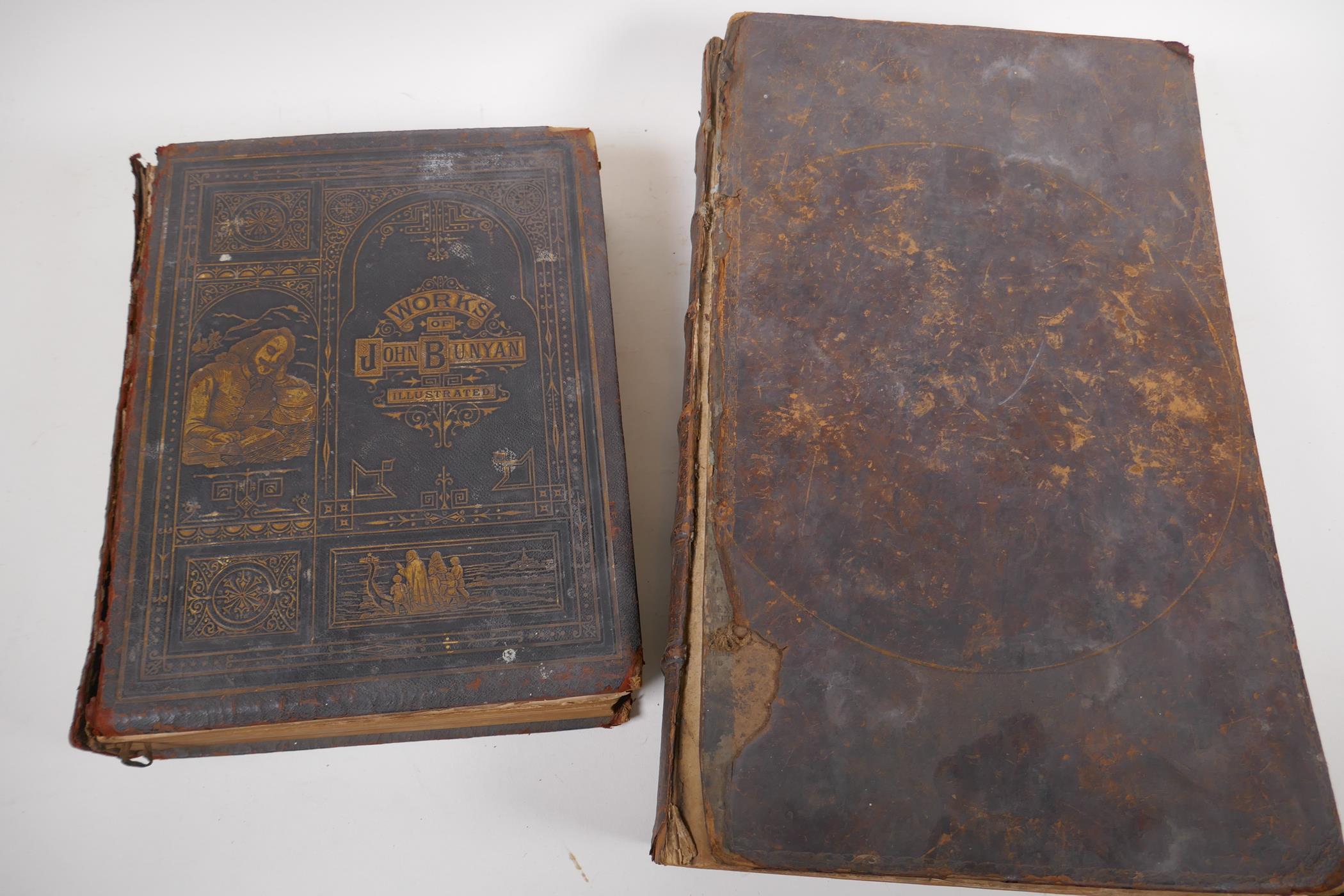 A mid C19th volume, The Works of John Bunyan, with full colour illustrations, leather bound with