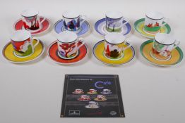 A set of eight Wedgwood Clarice Cliff coffee cups and saucers from the 'Cafe Chic' collection,