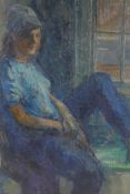 Portrait of a young lady seated by a window, inscribed on frame plaque Alfred Wolmack, oil on