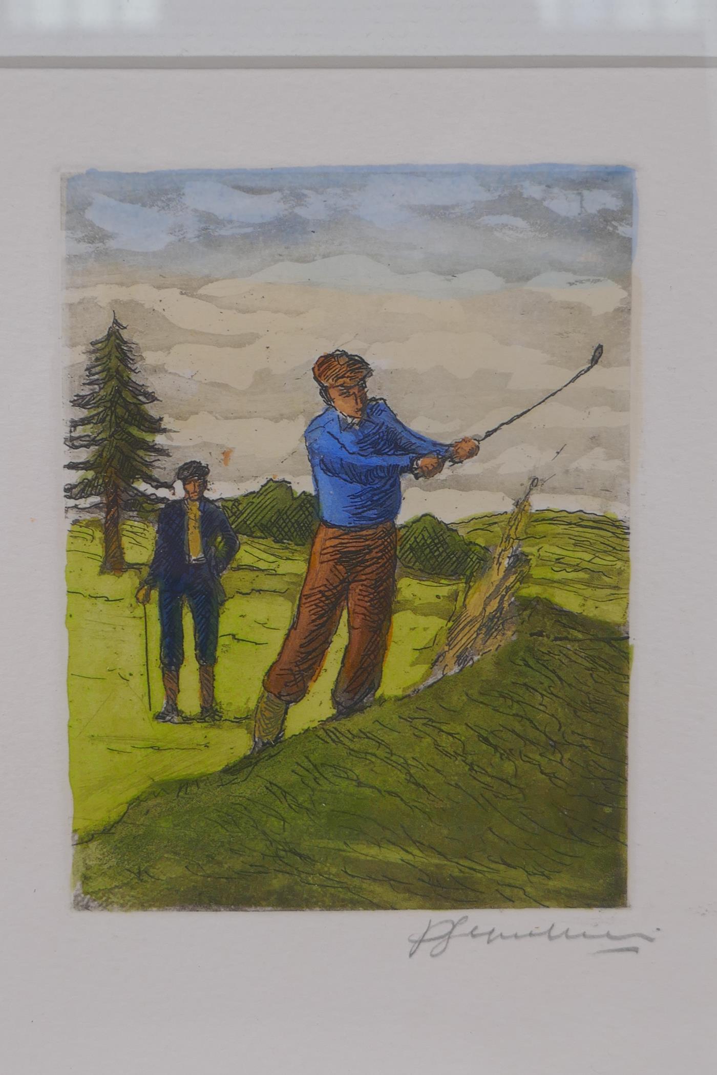 A pair of hand coloured engravings of golfers, indistinctly signed in pencil, 8cm x 11cm - Image 3 of 5