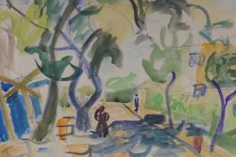 S. Holzman, figures in a landscape, signed expressionist watercolour and pencil, 70cm x 50cm