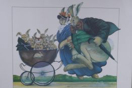 A limited edition print of rabbits pushing a pram full of young, 29/100, indistinctly signed in