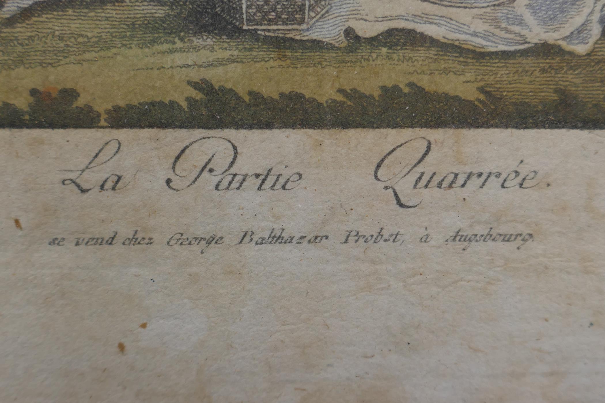 A pair of C18th French handcoloured engravings, La Partie de Peche and La Partie Quarree, - Image 3 of 5