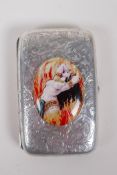 A hallmarked silver cigarette case with a later applied cold enamel panel depicting an odalisque,