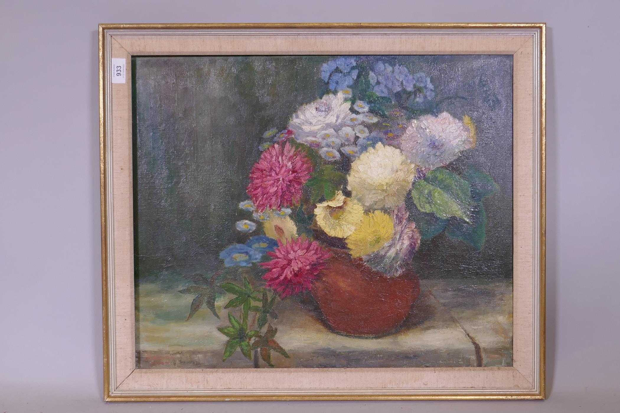 Still life, flowers in a bowl, oil on canvas, signed Jessica Piper?, 42cm x 51cm - Image 2 of 4