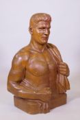 An early C20th industrial style carved oak male bust, signed 'A Schaub, Sculpteur', 62cm x 36cm,