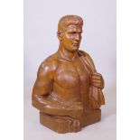 An early C20th industrial style carved oak male bust, signed 'A Schaub, Sculpteur', 62cm x 36cm,