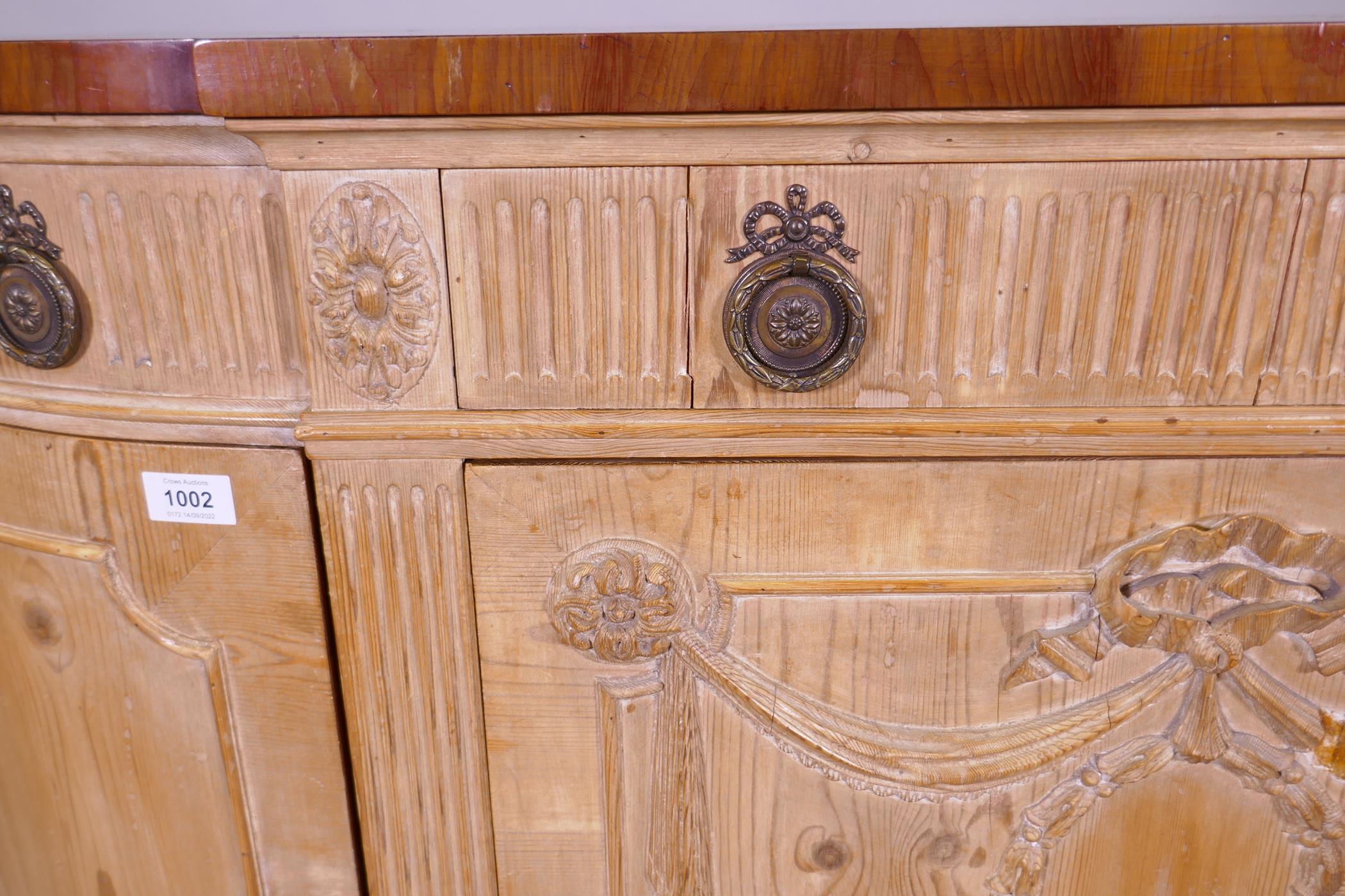 A 'D' shaped breakfront pine commode with crossbanded yew wood veneered top, the fluted frieze - Image 3 of 7