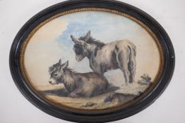 An C18th watercolour of two donkeys, detailed verso Miss Jones, 1781, 30cm x 12.5cm