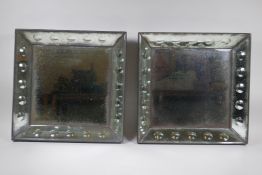 A pair of antique square form Sorcerer's mirrors, 40cm x 40cm