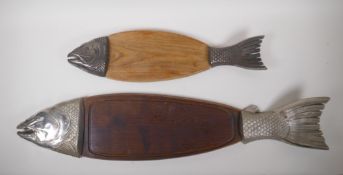 A vintage Japanese wood fish serving board with metal ends, and another smaller, largest 90cm long x