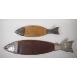 A vintage Japanese wood fish serving board with metal ends, and another smaller, largest 90cm long x