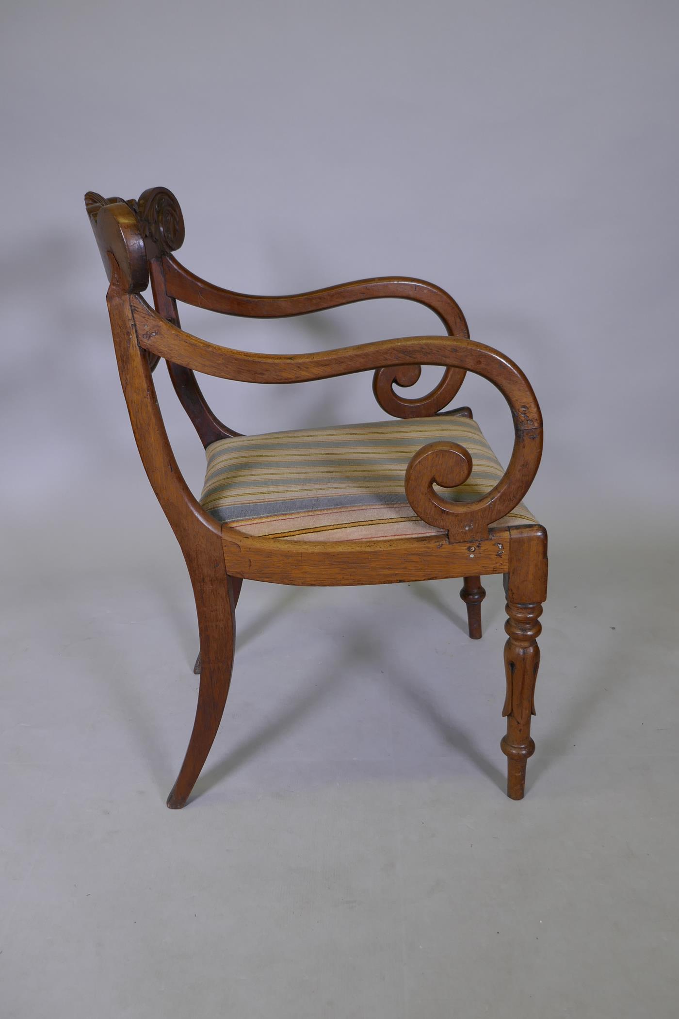 A Georgian style Anglo Indian mahogany carver chair with scroll arms and fluted turned supports - Image 4 of 5