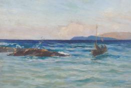 Figures in a boat off the Scottish coast, signed Andrew Black, RSW, dated 88 (1988) oil on canvas,