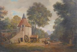 Rural scene with horseman and other figures by an oasthouse, early C19th oil on canvas, inscribed on