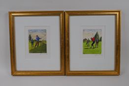 A pair of hand coloured engravings of golfers, indistinctly signed in pencil, 8cm x 11cm