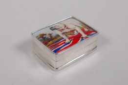 A sterling silver pill box with an inset enamel panel depicting a British Bulldog, 3cm x 2cm