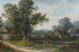 William Yates Senior, river landscape with figures playing with a toy boat, signed, oil on canvas,