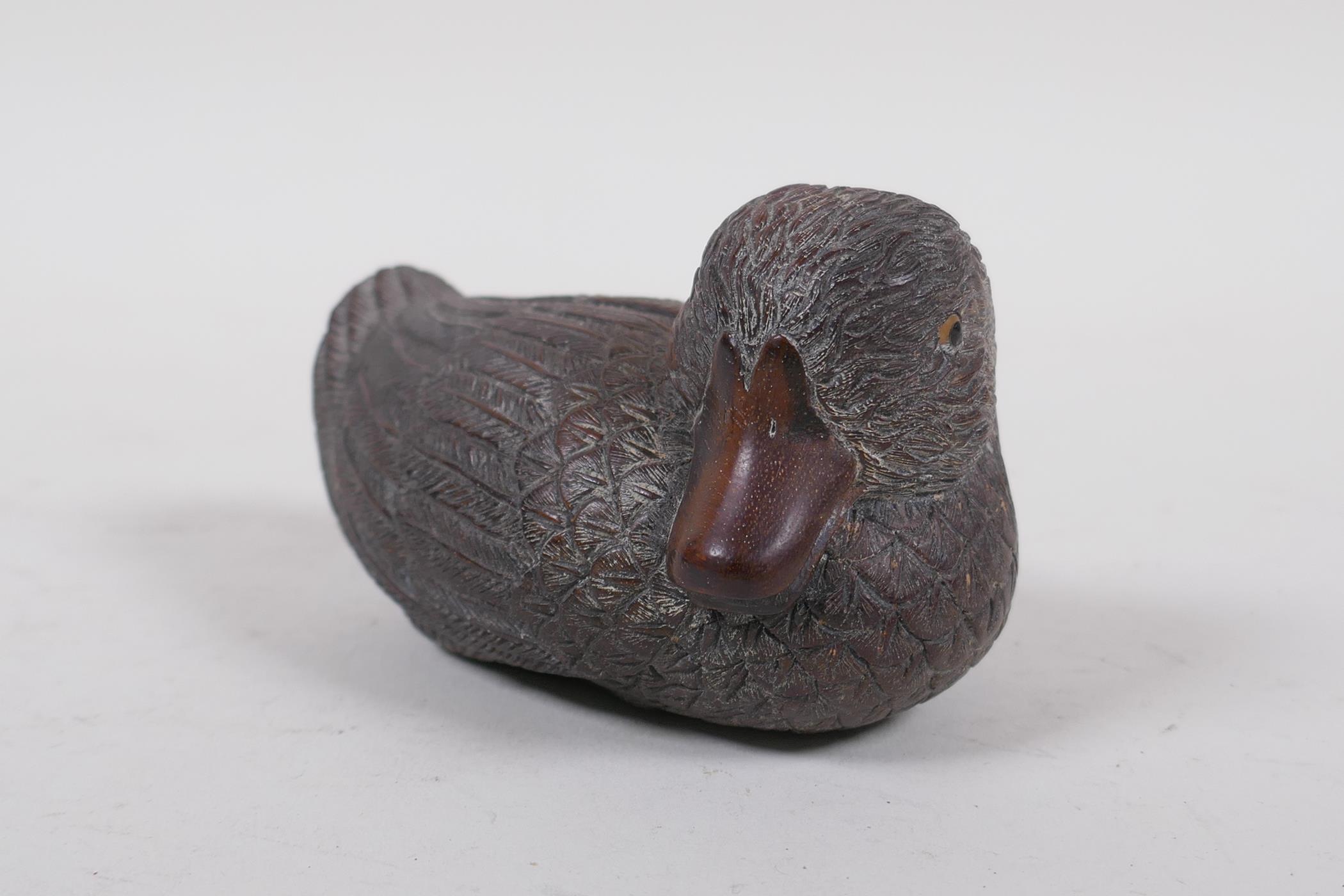 A Japanese carved wood okimono duckling, signed in a cartouche to base, 15cm high - Image 2 of 5