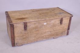 A fruitwood and beechwood chest with iron hasps and mounts, 110cm x 46cm x 45cm
