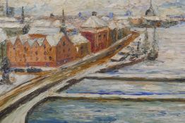 A mid century empasto oil on board landscape depicting Stockholm, signed indistinctly, 45cm x 38cm